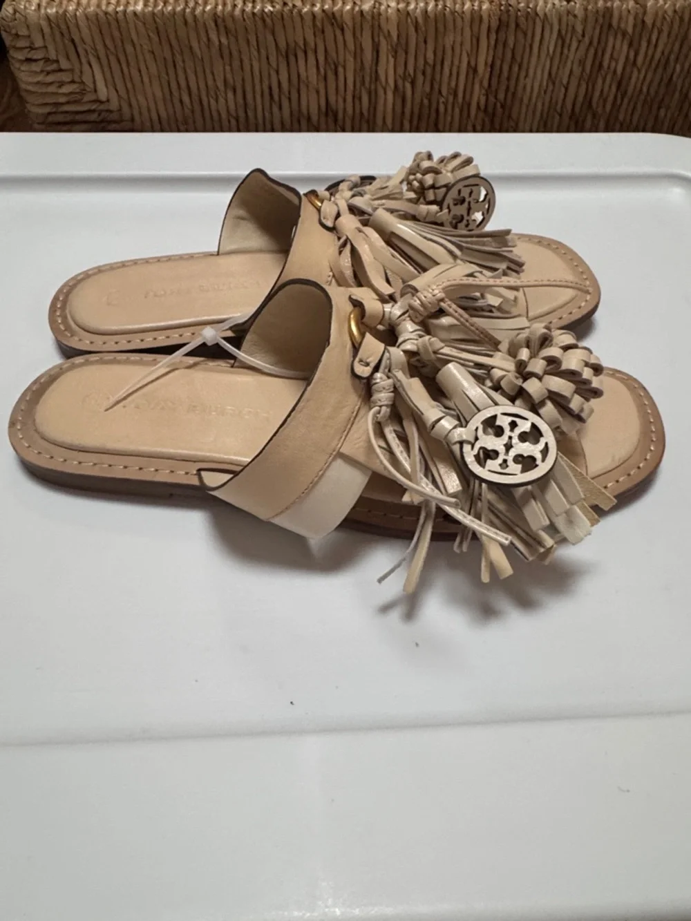 Tory Burch Miller Tassel Slide Sandals in New Cream size 8 1/2